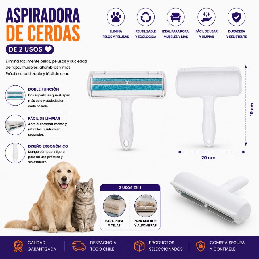 Aspiradora de cerdas de 2 usos 20 X 19 CM por mayor en Chile