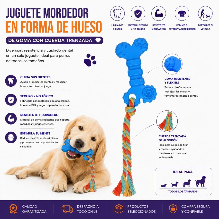 Juguete Mordedor para Mascotas en Forma de Hueso de Goma con Cuerda Trenzada 22 x 5.5 por mayor en Chile