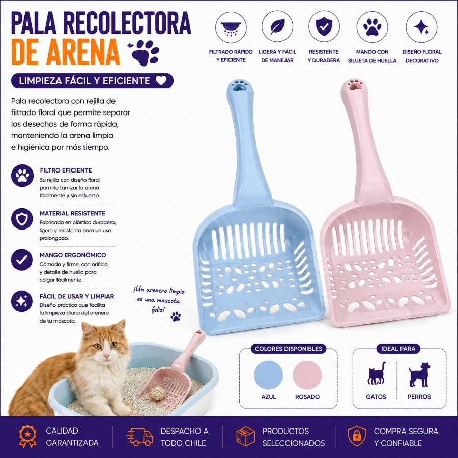 Pala Recolectora de Arena para Mascotas con Rejilla de Filtrado Floral y Mango con Silueta de Huella 28 X 13,5 CM por mayor en Chile