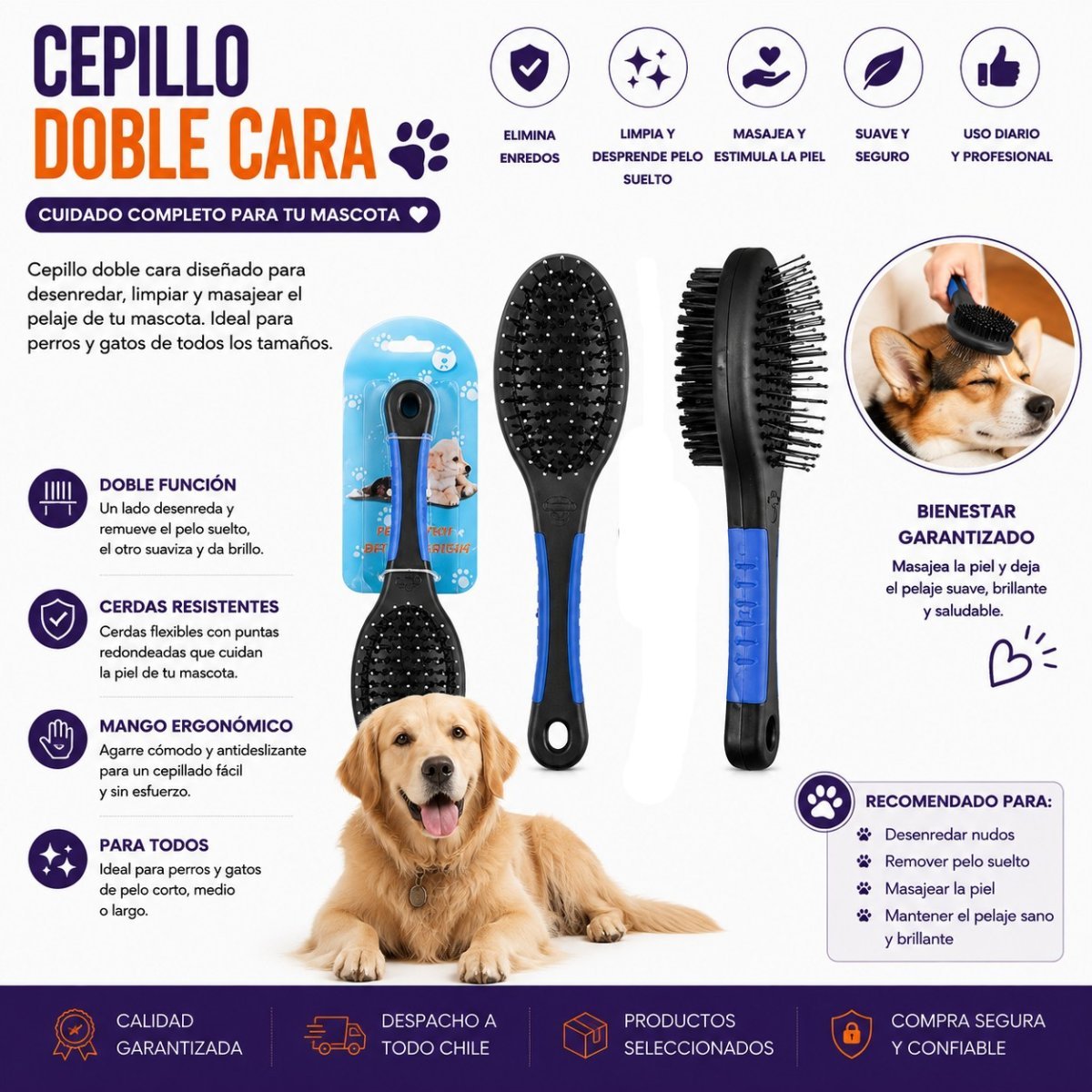 Cepillo Doble Profesional de Plástico para Mascotas con Cerdas Metálicas y de Nylon - Talla S 1 PZA por mayor en Chile