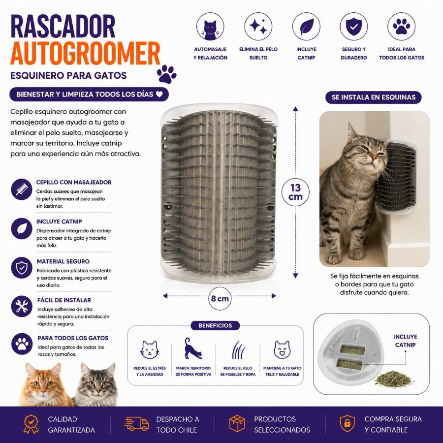 Rascador Autogroomer Esquinero de 13 cm para Gatos con Masajeador y Catnip 13 x 8 cm por mayor en Chile
