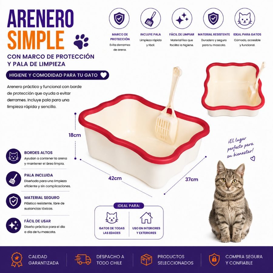 Arenero Simple para Gatos con Marco de Protección y Pala de Limpieza 37 X 42 X 18 CM por mayor en Chile