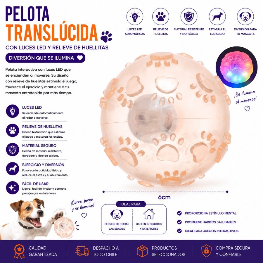 Pelota Translúcida con Luces Led y Relieve de Huellitas para Mascotas 6 cm por mayor en Chile