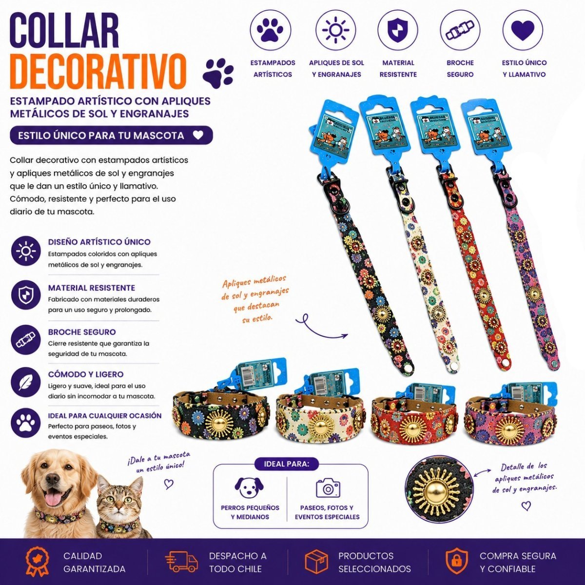 Collar Decorativo para Mascotas con Estampado Artístico, Apliques Metálicos de Sol y Engranajes con Banda de 1.5 cm 1 PZA por mayor en Chile