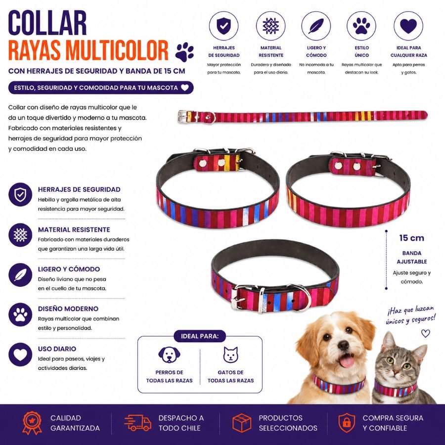 Collar para Mascotas con Estampado de Rayas Multicolor, Herrajes de Seguridad y Banda de 1.5 cm 1.5cm por mayor en Chile