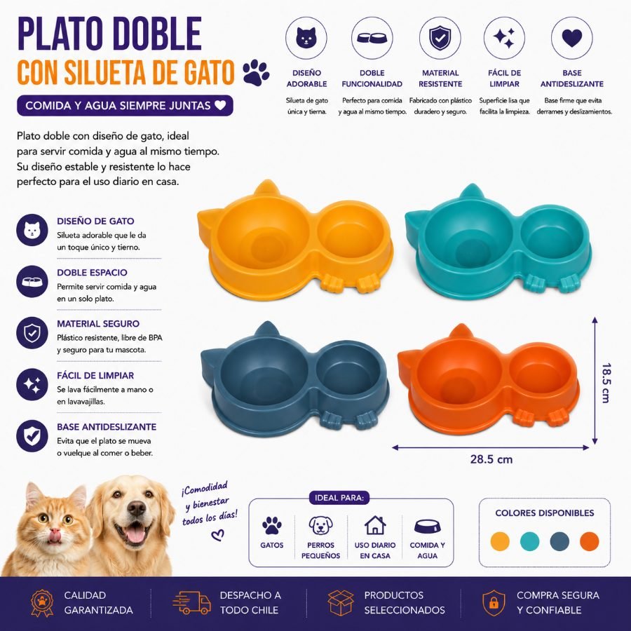 Plato Doble con Silueta de Gato para Mascotas 28.5 x 18.5 cm por mayor en Chile