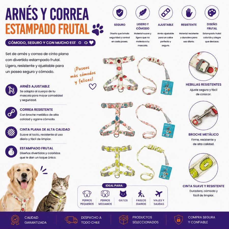 Arnés y Correa de Cinta Plana con Estampado Frutal 1.5cm x 120cm 1,5 X 120 CM por mayor en Chile
