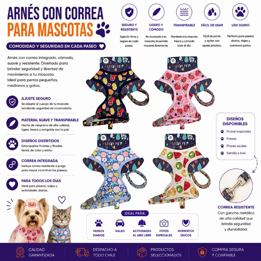 Arnés con Correa para Mascotas Pequeñas y Medianas TALLA M por mayor en Chile