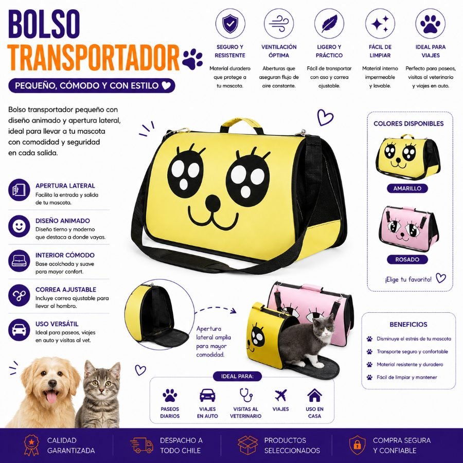 Bolso Transportador Pequeño para Mascotas con Diseño Animado y Apertura Lateral 1 PZA por mayor en Chile