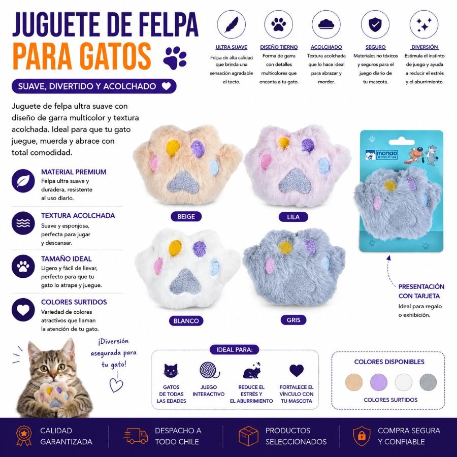 Juguete de Felpa Ultra Suave para Gatos con Diseño de Garra Multocolor y Textura Acolchada 9 X 11 CM por mayor en Chile