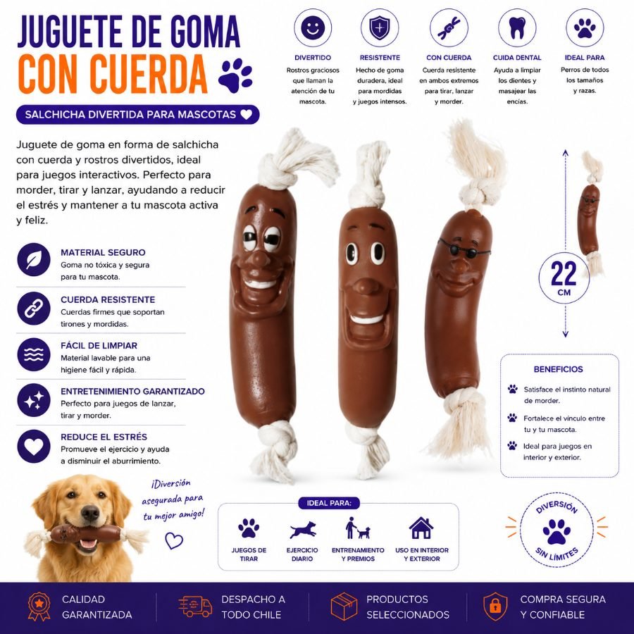 Juguete de Goma con Cuerda en Forma de Salchicha con Rostros Divertidos para Mascotas 22 cm por mayor en Chile