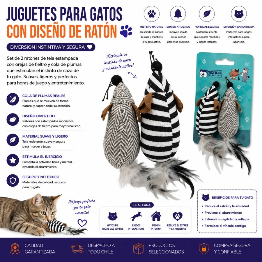 Juguetes para Gatos con Diseño de Ratón en Tela Estampada, Orejas de Fieltro y Cola de Plumas 2 PZA por mayor en Chile