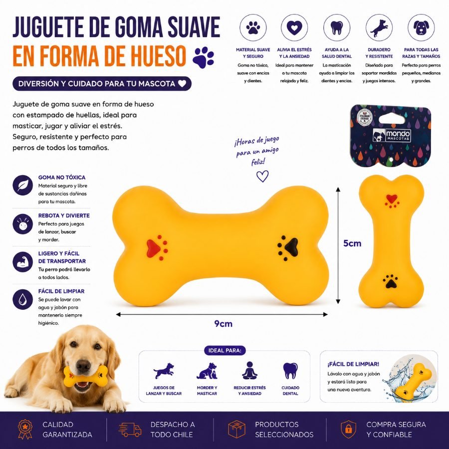 Juguete de Goma Suave en Forma de Pequeño Hueso con Estampado de Huellas para Mascotas 9 x 5 cm por mayor en Chile