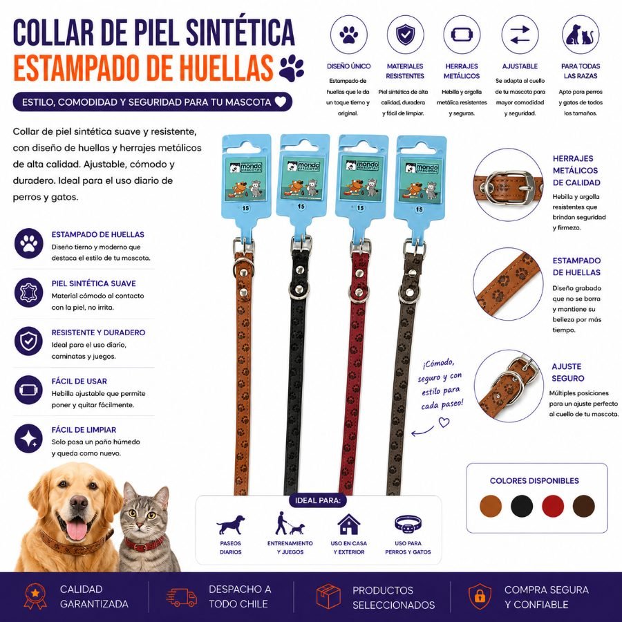 Collar de Piel Sintética para Mascotas con Estampado de Huellas, Herrajes Metálicos y Banda de 1.5 cm 1 PZA por mayor en Chile