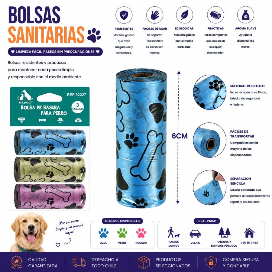 BOLSA SANITARIA PARA MASCOTA 3 PZA-6 CM por mayor en Chile