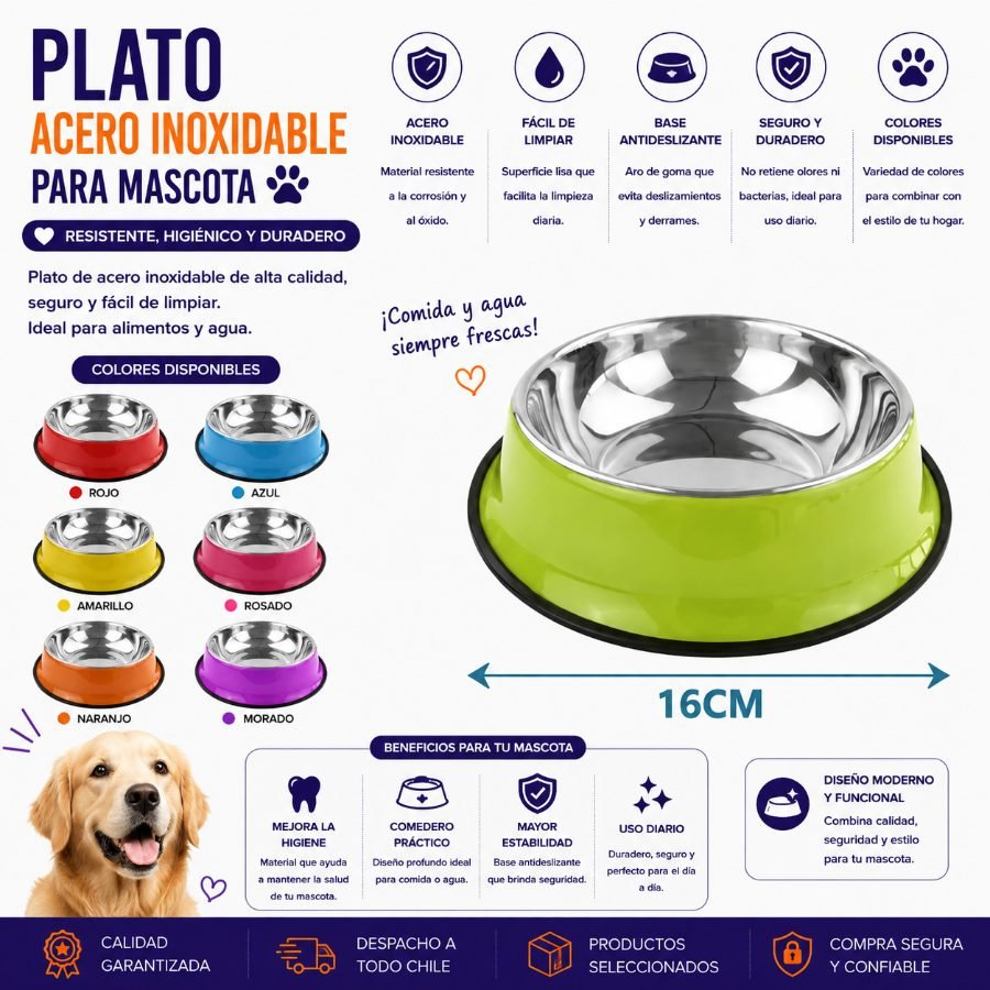 PLATO ACERO INOXIDABLE PARA MASCOTA 16 CM por mayor en Chile