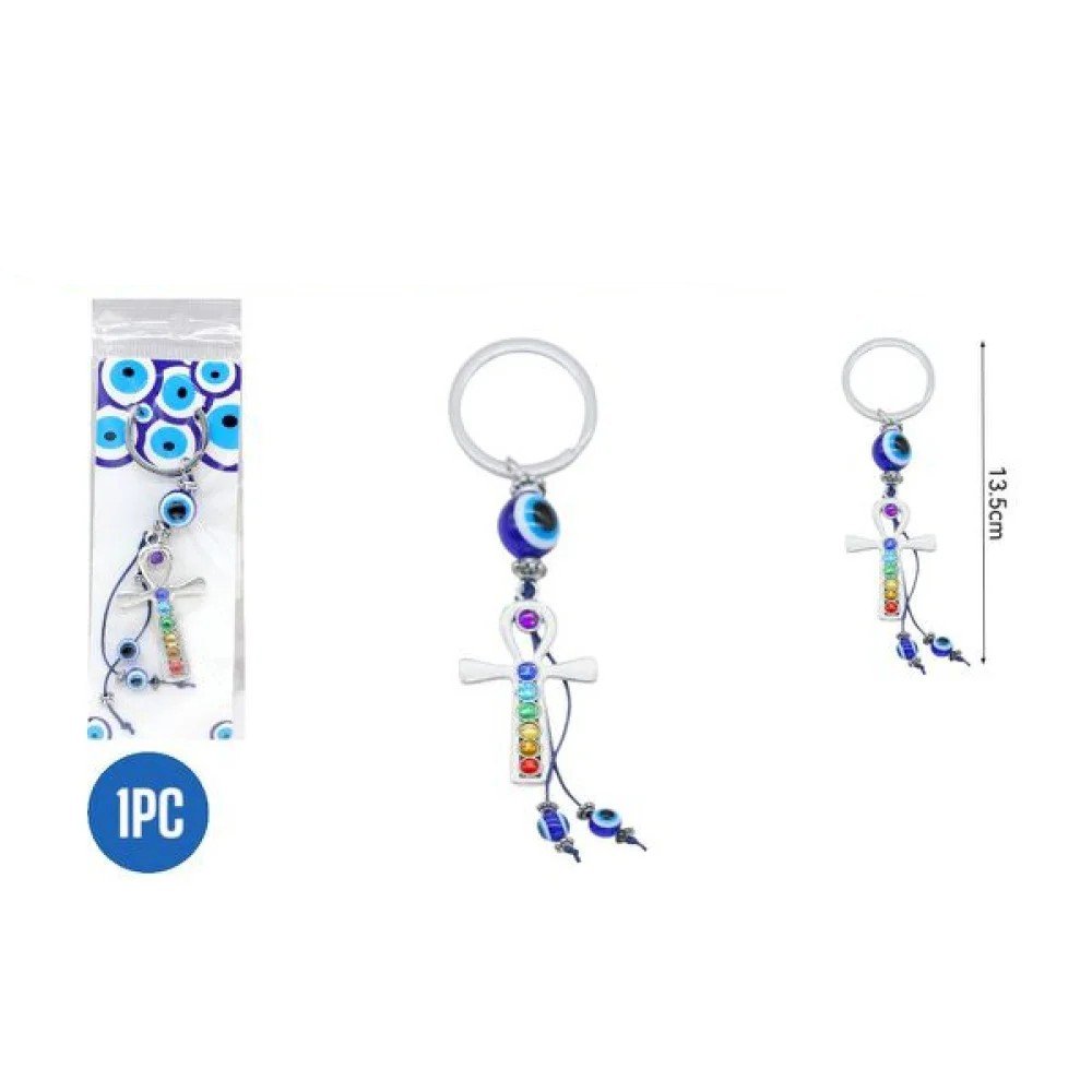Llavero Metálico Cruz de la Vida Ankh con Chakras y Ojo Turco 13.5cm por mayor en Chile