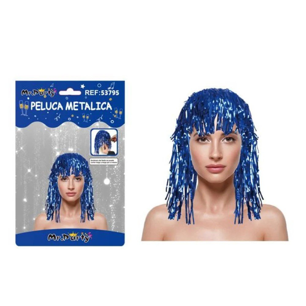 PELUCA METALICA LLUVIA AZUL 18 CM por mayor en Chile