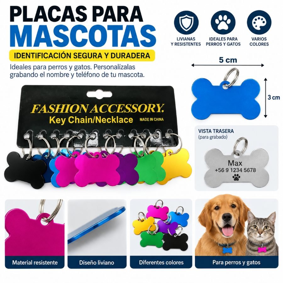 PLACA PARA MASCOTAS 5 x 3 CM por mayor en Chile