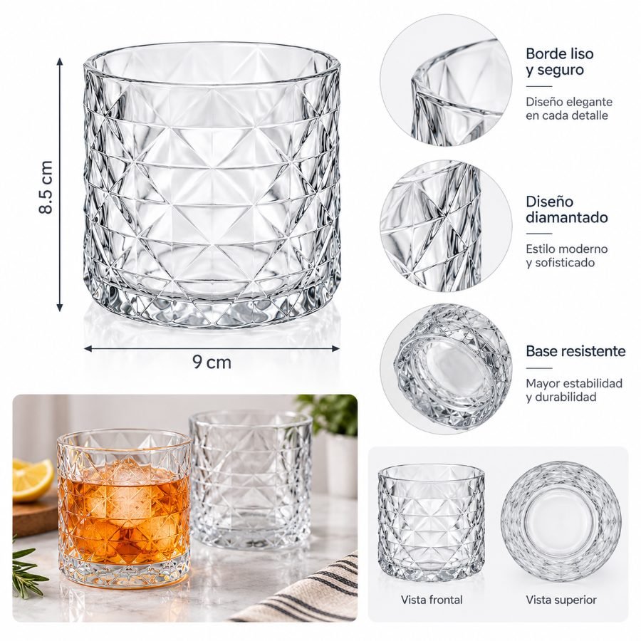 Vaso de vidrio labrado con diseño de diamantes - 9 cm x 8.5 cm mayorista — imagen 3