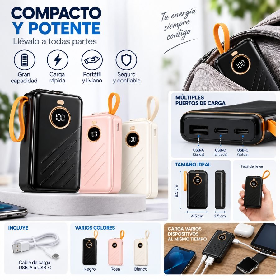 Power bank portátil con display digital, carga usb y correa de transporte mayorista — imagen 2