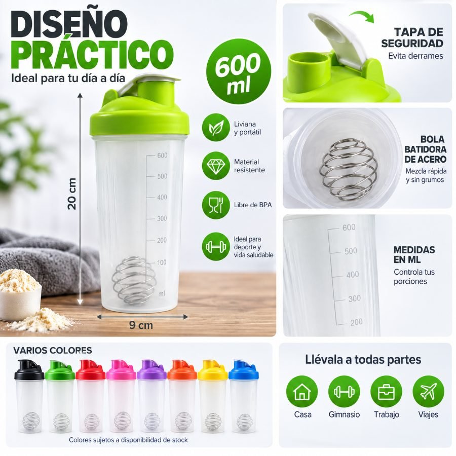 Botella mezcladora shaker de 600ml con bola batidora y tapa de seguridad colorida mayorista — imagen 2