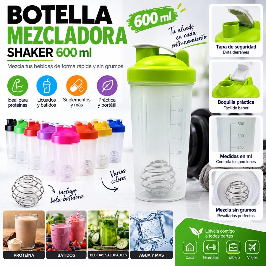 Botella Mezcladora Shaker de 600ml con Bola Batidora y Tapa de Seguridad Colorida 600ml por mayor en Chile