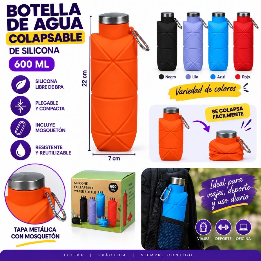 Botella de agua colapsable de silicona de 600 ml con mosquetón de transporte mayorista — imagen 2