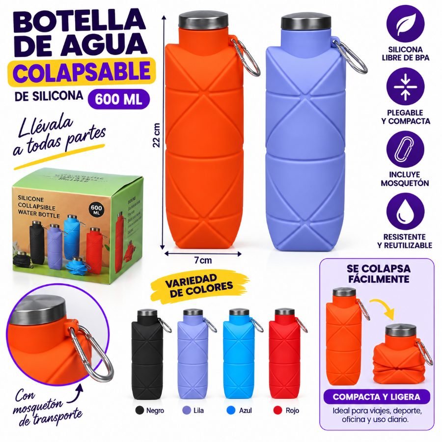 Botella de Agua Colapsable de Silicona de 600 ml con Mosquetón de Transporte 22cm x 7cm por mayor en Chile