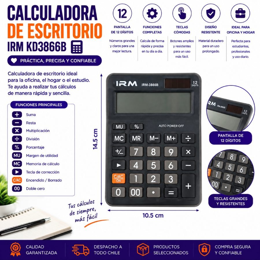 Calculadora de Escritorio IRM KD3866B con Pantalla de 12 Dígitos 14.5 x 10.5 cm por mayor en Chile