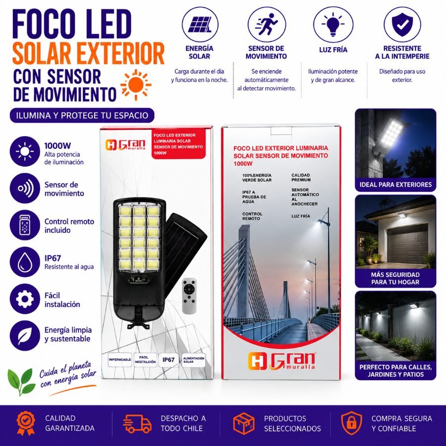 Foco LED Solar 1000W Sensor Movimiento Sensor movimiento · 1000W · IP67 por mayor en Chile