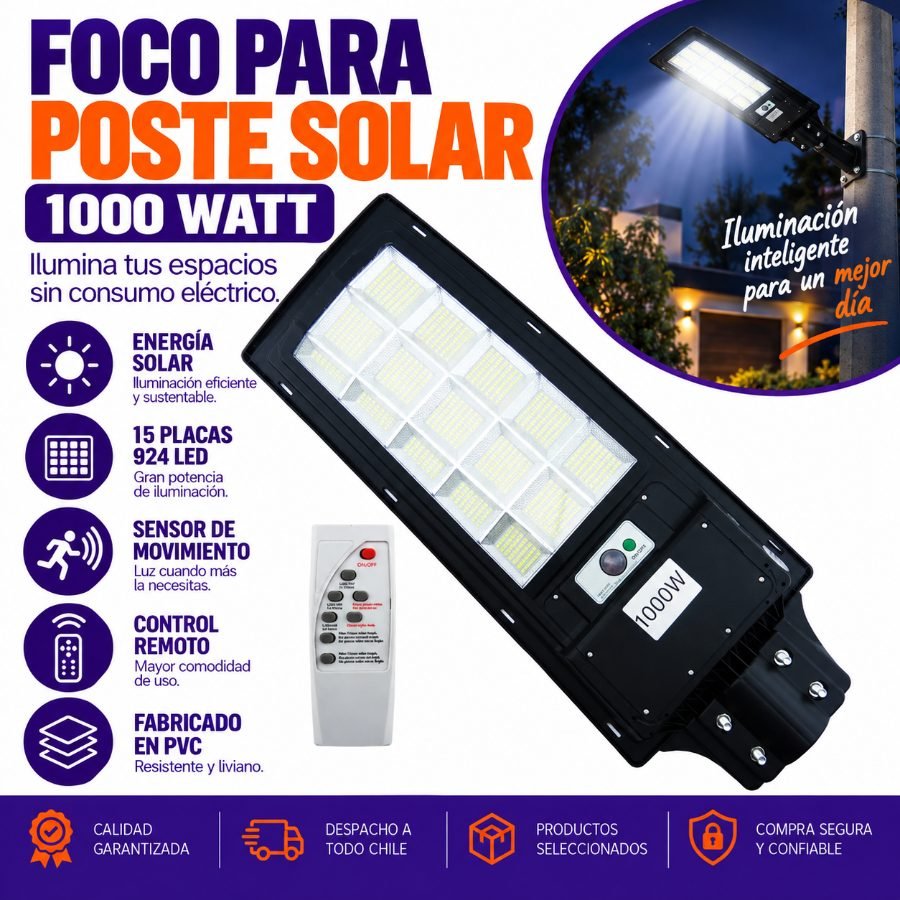 Foco Para Poste Solar 1000 Watt Con 15 Placas De 924 LED En PVC Con Control Remoto Y Sensor De Movimiento. 60.8 cm x 24.7 cm x 4.5 cm por mayor en Chile
