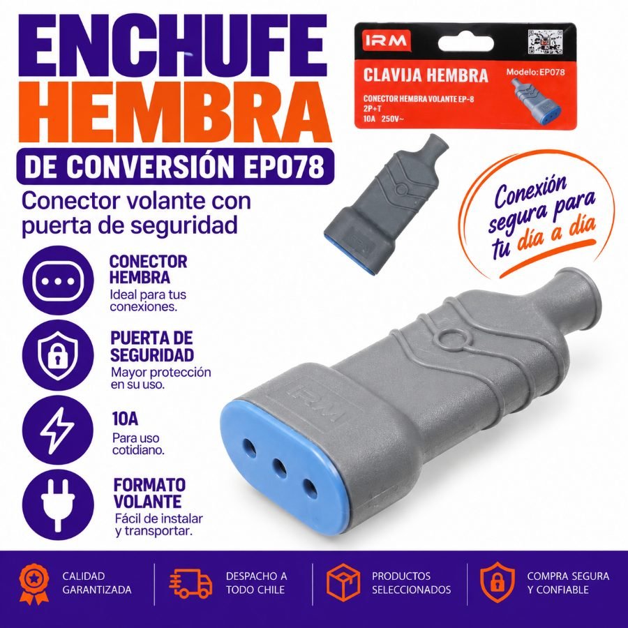Enchufe Hembra de Conversión EP078 - Conector Volante con Puerta de Seguridad 10A 8.5cm x 4cm por mayor en Chile