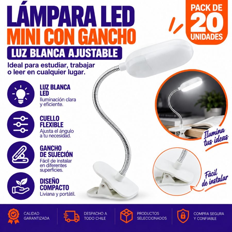 Lampara led mini con gancho modelo qx de luz blanca ajustable. - pack de 20 unidades mayorista — imagen 9
