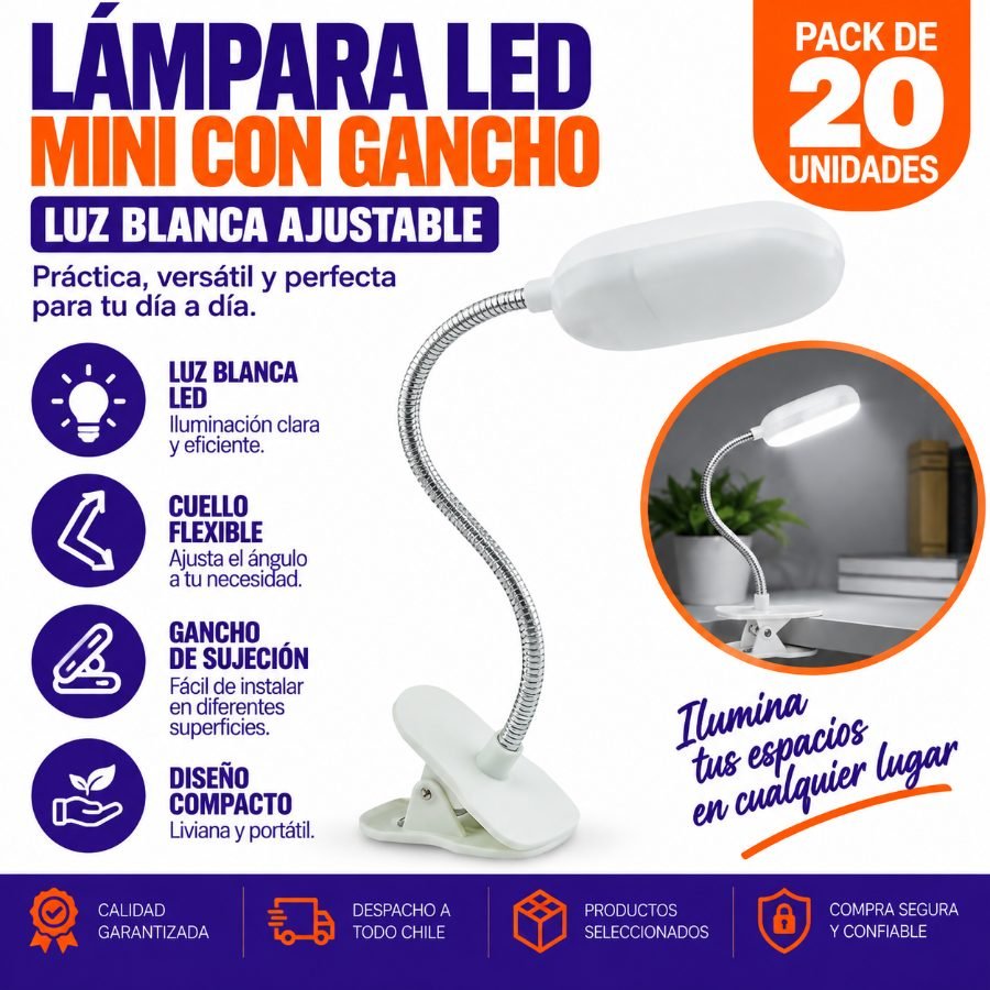 Lampara LED Mini Con Gancho Modelo QX De Luz Blanca Ajustable. - Pack de 20 unidades 22.7 cm x 3.2 cm x 4.5 cm por mayor en Chile