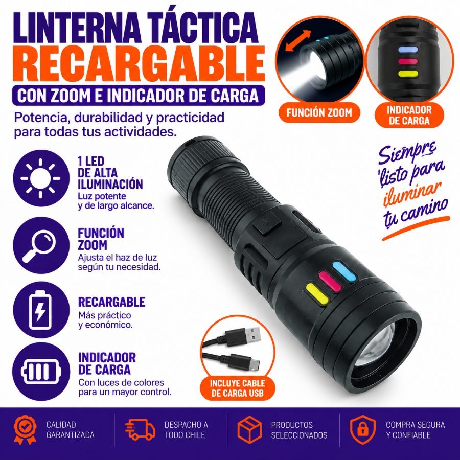 Linterna de 1 led tactica en pvc con zoom modelo p-50 con indicador de carga, recargable. mayorista — imagen 11