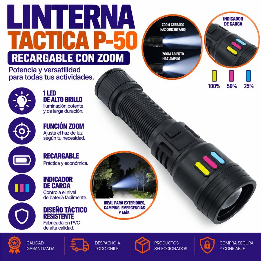 Linterna De 1 LED Tactica En PVC Con Zoom Modelo P-50 Con Indicador De Carga, Recargable. 15 cm x 3.7 cm por mayor en Chile