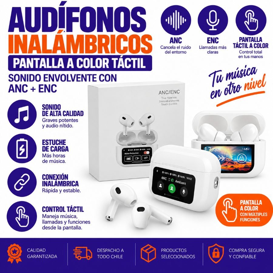 Audífono Inalámbrico Táctil Pantalla a Color ANC+ENC 1 Pza por mayor en Chile