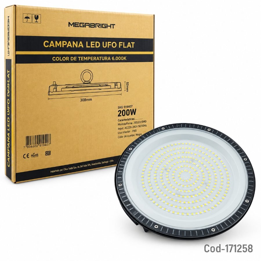 Campana led de 200 watt, 286 led modelo ufo marca megabright a 6000k con gancho para colgar. mayorista — imagen 5