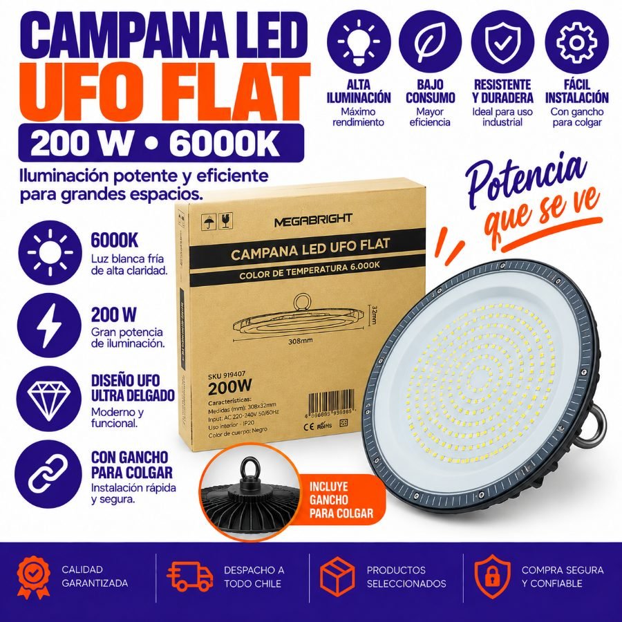 Campana led de 200 watt, 286 led modelo ufo marca megabright a 6000k con gancho para colgar. mayorista — imagen 6