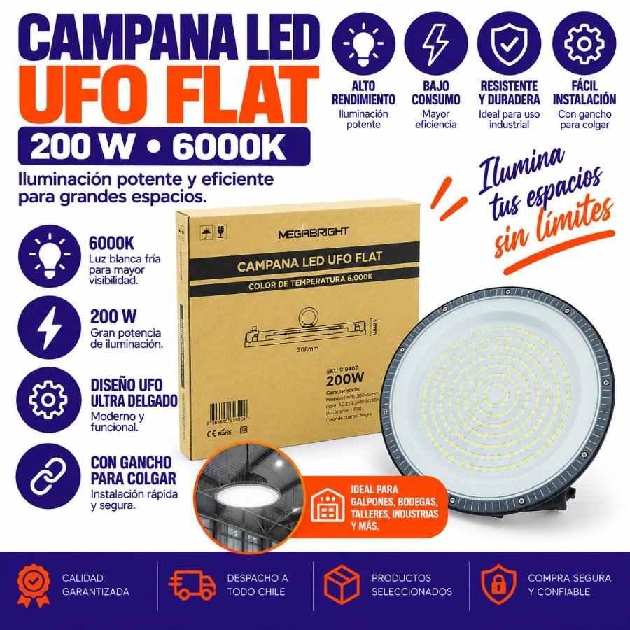 Campana LED De 200 Watt, 286 LED Modelo UFO Marca MEGABRIGHT A 6000K Con Gancho Para Colgar. 200W por mayor en Chile