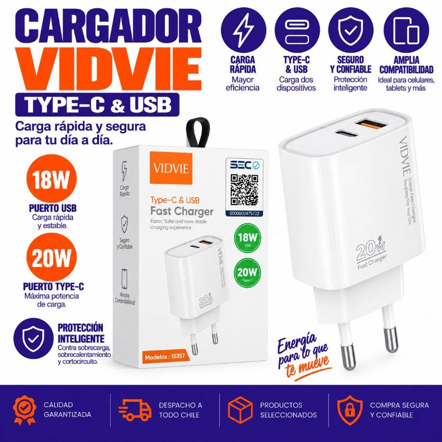 Cargador PLE278 VIDVIE Type-C & USB Fast Charger 1 Pza por mayor en Chile