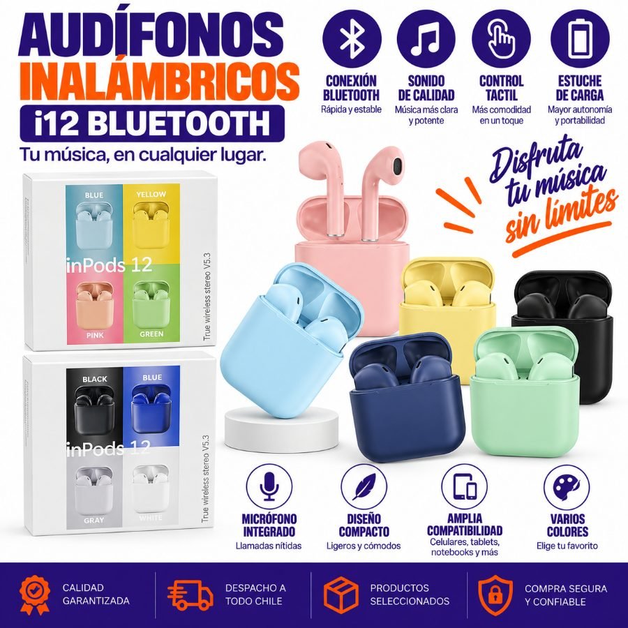 Audífono Inalámbrico I12 Bluetooth 1 Pza por mayor en Chile