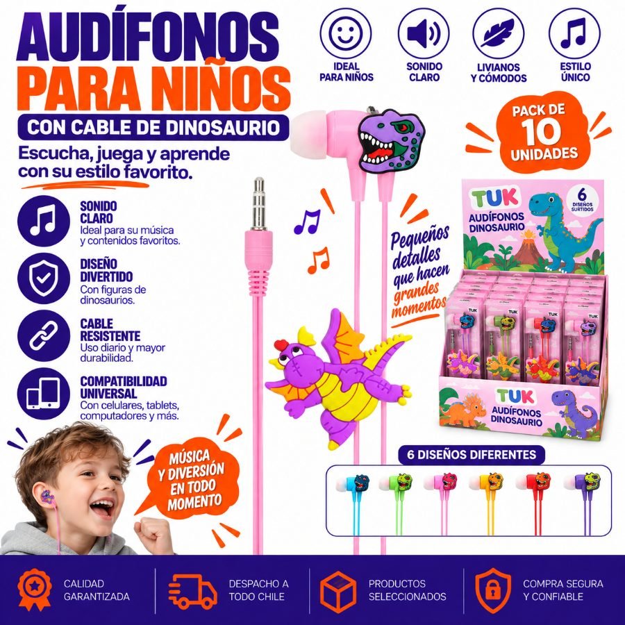 Audifonos para niños con cable de dinosaurio, tuk k-816, 6 diseños. en caja. - pack de 10 unidades mayorista — imagen 3