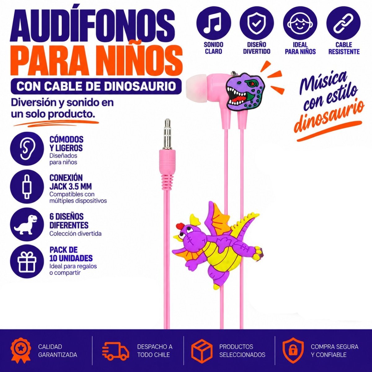 Audifonos Para Niños Con Cable De Dinosaurio, Tuk K-816, 6 Diseños. En Caja. - Pack de 10 unidades 2,2cm x 1,5cm x 1,3cm por mayor en Chile