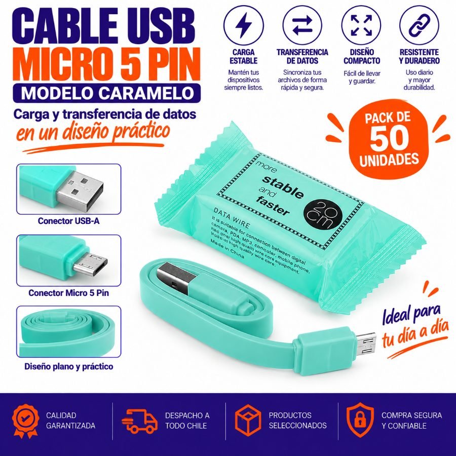 Cable usb micro 5 pin de 20 cm modelo caramelo. - pack de 50 unidades mayorista — imagen 9