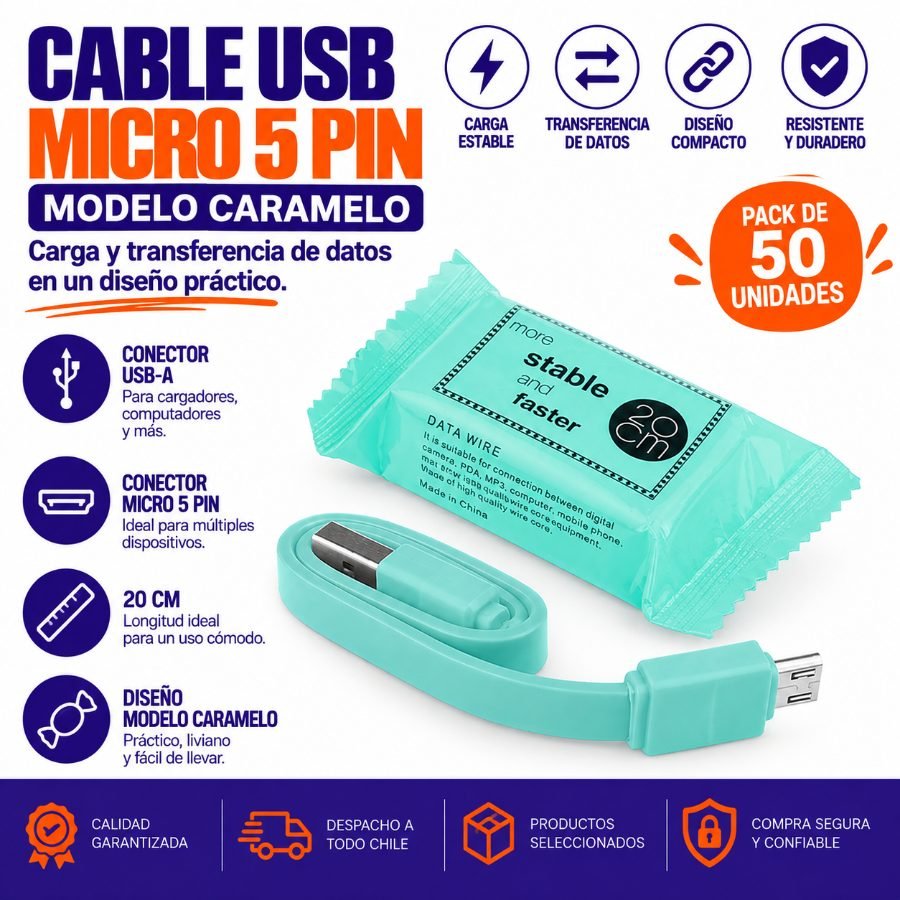 Cable USB Micro 5 Pin De 20 CM Modelo Caramelo. - Pack de 50 unidades 50 PZA por mayor en Chile