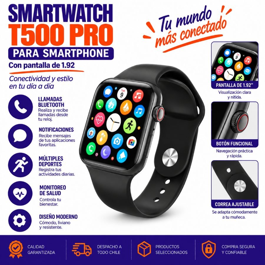 Reloj Smartwatch Para Smartphone Modelo T500 + PRO Con Pantalla De 1.92” 4 cm x 1 cm por mayor en Chile