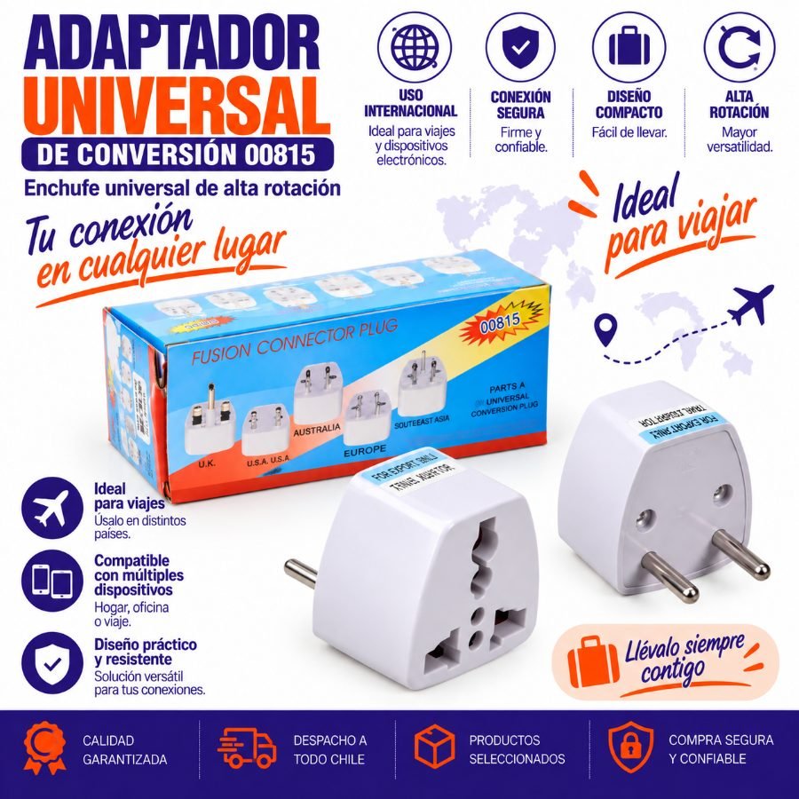 Adaptador Global de Conversión 00815 - Enchufe Universal de Alta Rotación 8cm x 17cm x 8cm por mayor en Chile