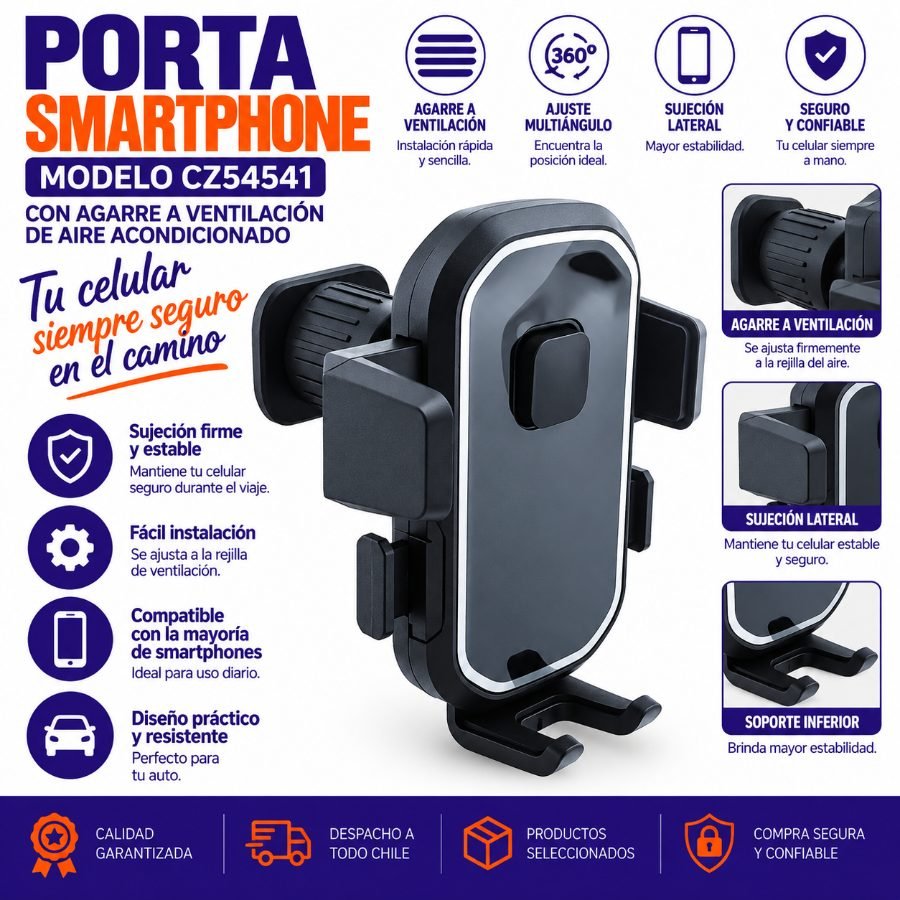 Porta Smartphone Modelo CZ54541 Con Agarre A Ventilacion Aire Acondicionado De Auto 10.3 cm x 10.2 cm x 11 cm por mayor en Chile